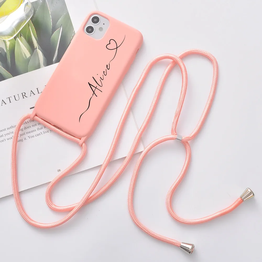 

Custom Name for iPhone 13 Pro Max 12 7 8 Plus X XR XS 11 Phone Case With Strap SE 2020 Coque Girls Gift Soft Silicone Funda DIY