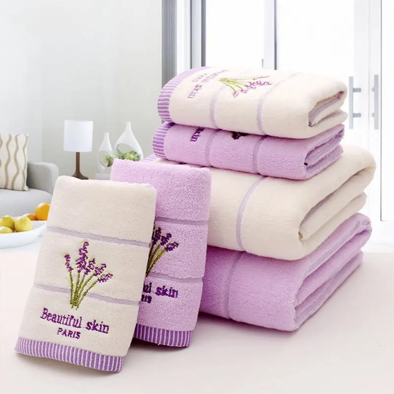 Purple Lavender Embroidered Towels High Quality Cotton Large Bath Towel Soft Absorbent Beach Face Towel Set for Women