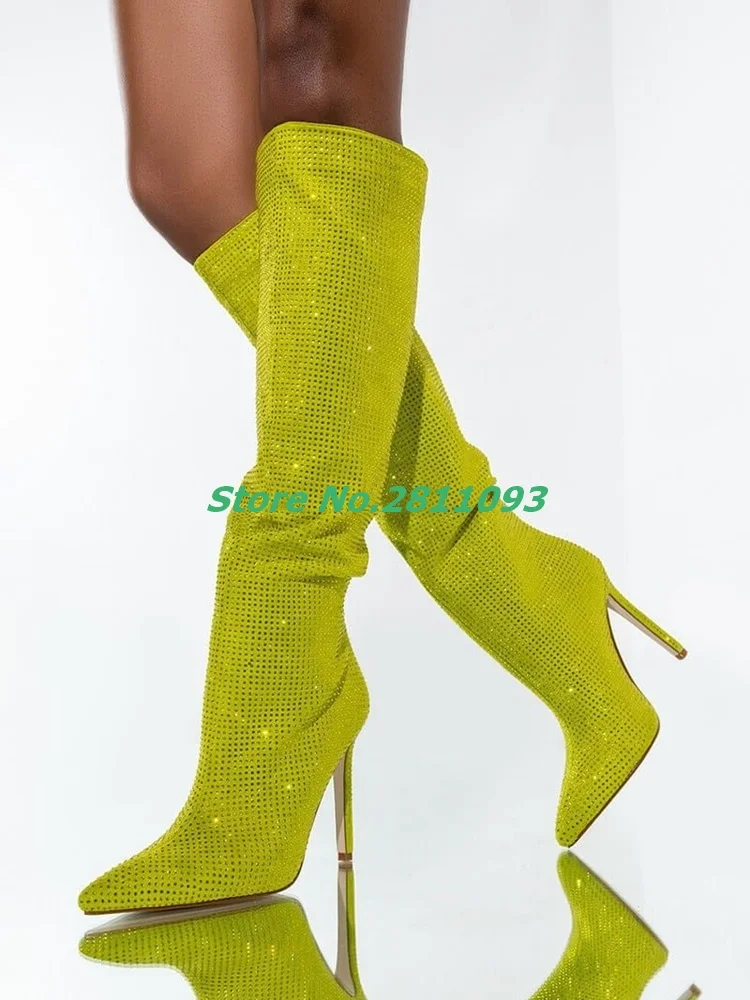 

Green Crystal Stiletto Heel Boots Knee High Sexy Pointed Toe Runway Women Boots Fashion Custom Made Winter Boots