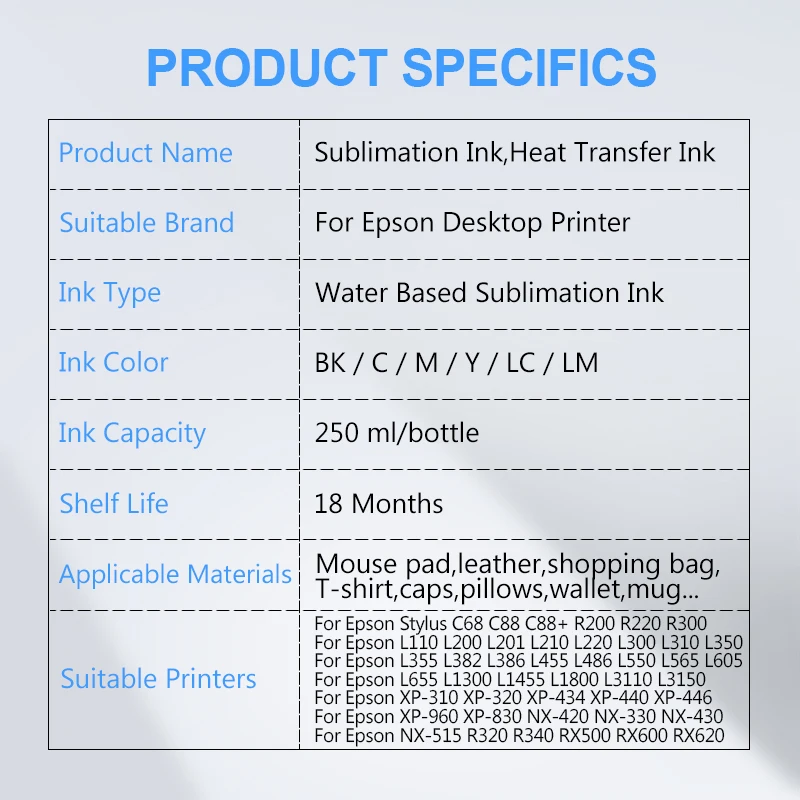 250ML Universal Sublimation Ink For Epson All Desktop Printer L1800 L8051390 XP600 TX800