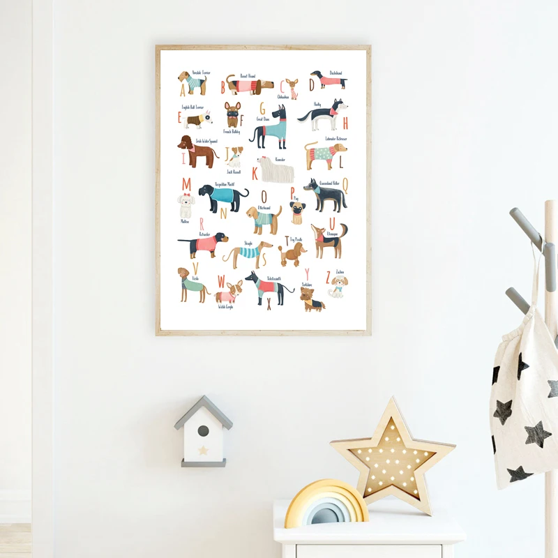 Dog Alphabet Poster Nursery Decor Dog Lover Gifts ABC Dogs Breeds Cartoon Wall Art Canvas Painting Prints Kids Room Wall Decor