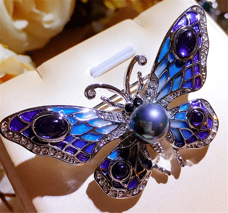 

HABITOO Creative Design 8-9mm Natural Purple Freshwater Cultured Pearl Pin Brooch Micro Inlay Zircon Butterfly Shape Accessorie