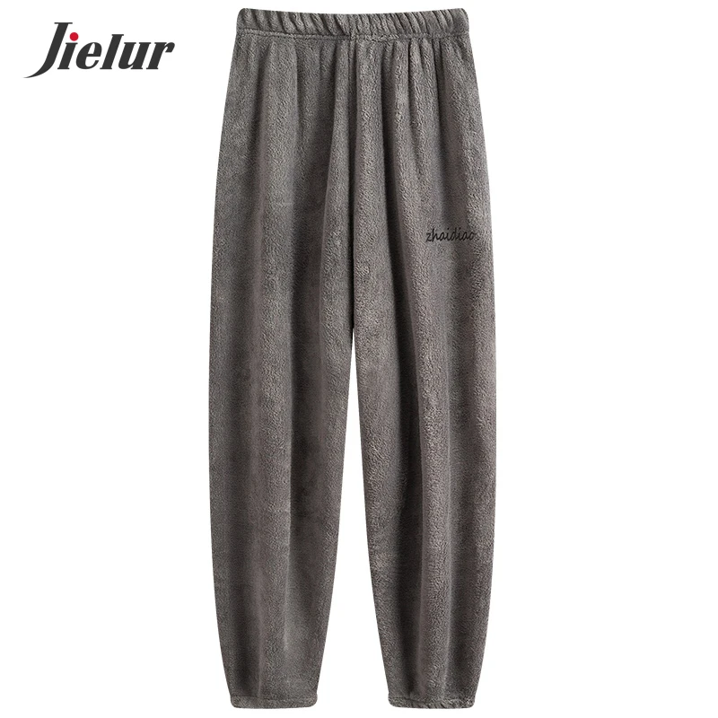 Jielur Warm Pajama Pants Winter Solid Color Soft Coral Velvet Lounge Wear Chicly Fleece Pants Embroidery Sleepwear Ropa Mujer