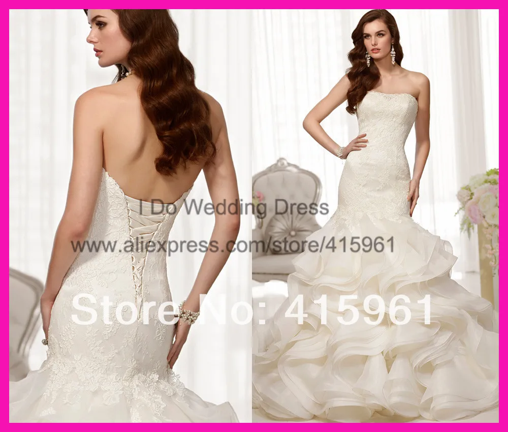 2019 New Design Ivory Lace Strapless Organza Ruffles Mermaid Vestido De Noiva Bridal Wedding Dress Corset Back W2785