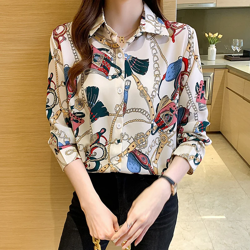 Fashion chain print ladies shirts Women\'s Blouses 2021 Spring Autumn Long Sleeve Shirts Tops Blusas Mujer