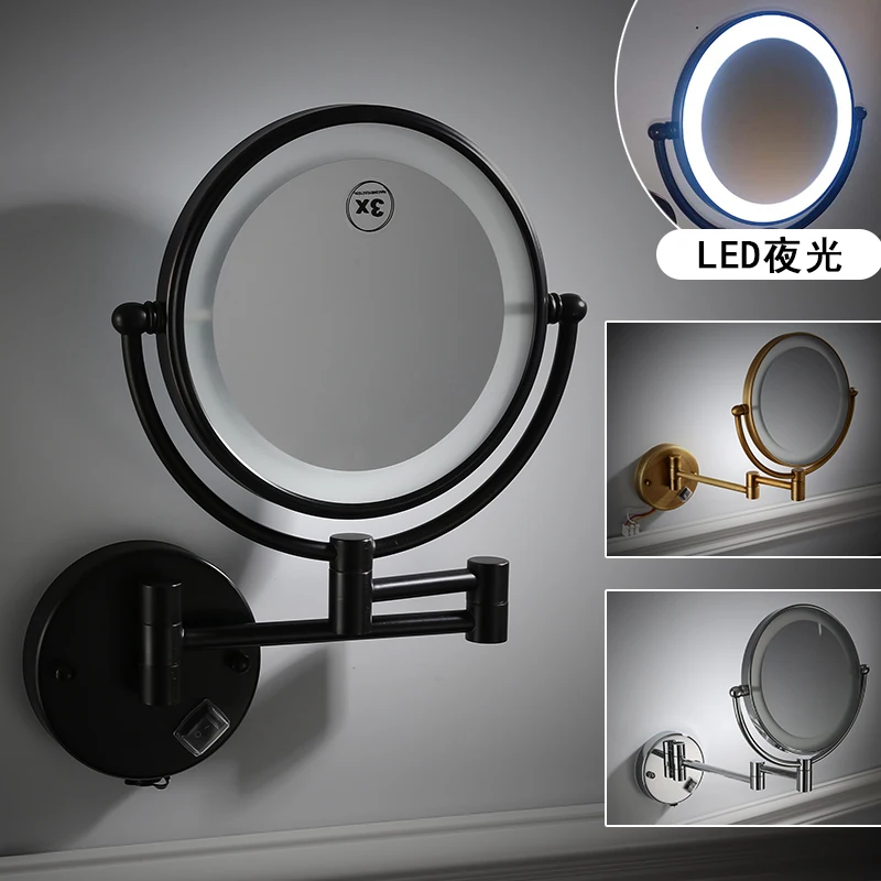 Makeup Mirrors Black Brass LED Extending Folding Wall Mounted Double Side LED Light Mirror 3x 5X 10X Magnification Bath Mirrors