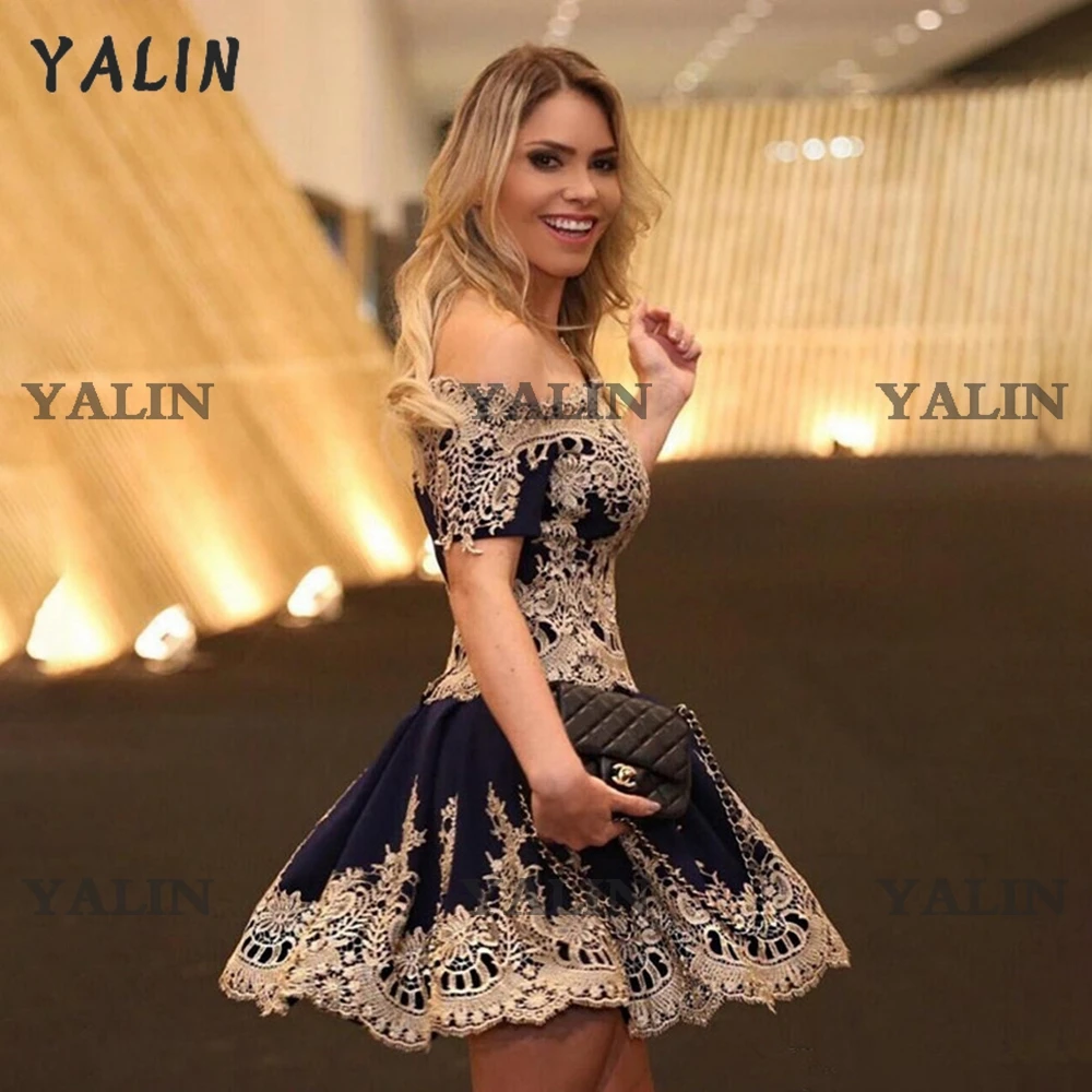 YALIN Morocco Style Short Prom Dresses Off The Shoulder Gold Lace Applique Cocktail Party Gowns A Line Vestidos De Fiesta