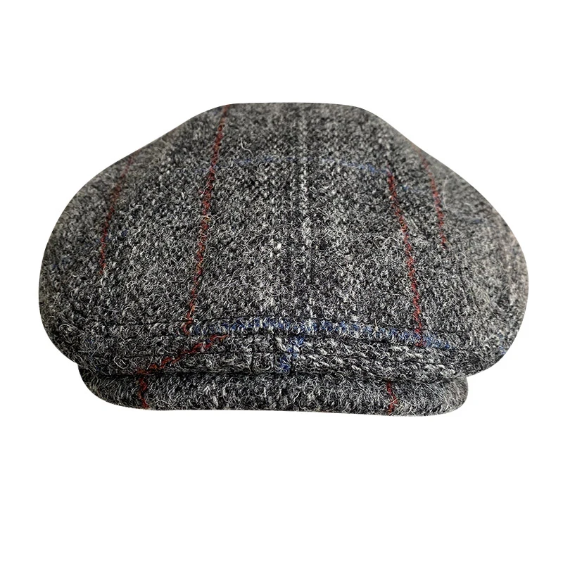 Pure Wool Men's Berets Winter High Quality Wool Newsboy Hats Herringbone Octagon Cap Grey Plaid Men Women Gatsby Flat Hat BLM384