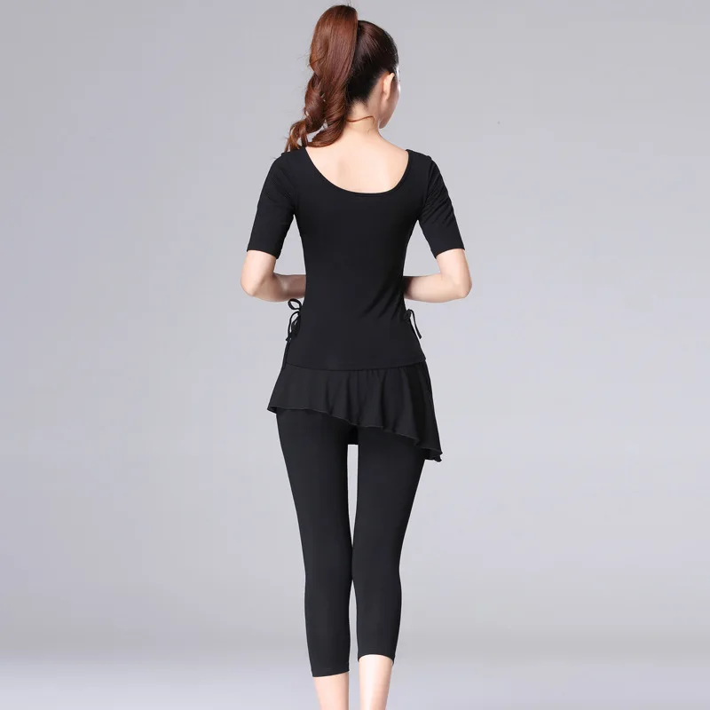 Short Sleeve Latin Dance Tops+pants Suit Practice Clothes Drawstring Female Modern Dance Ballroom Tango Cha Cha Rumba Costumes