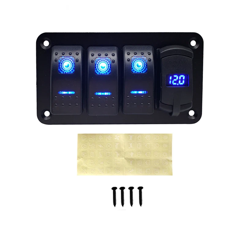 4 Gang Rocker Switch Panel 12V/24V Circuit Control LED Digital Voltmeter Dual USB Port Charger Breaker for Car SUV Marine RV