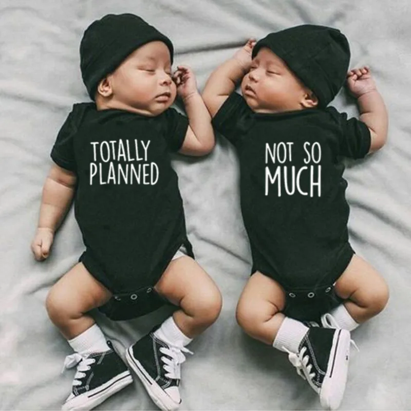 Totally Planned and Not So Much Newborn Twins Baby Clothes Summer Short Sleeved Black One-piece Unisex Baby Body Jumpsuit 0-18M