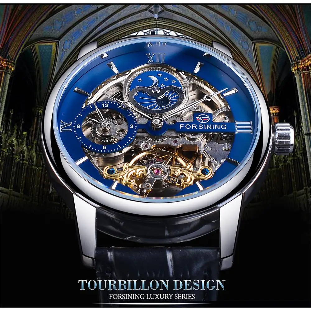 Forsining Dual Time Zone Skeleton Automatic Watch Blue Waterproof Genuine Leather Band Moon Phase Mechanical Tourbillon Watch