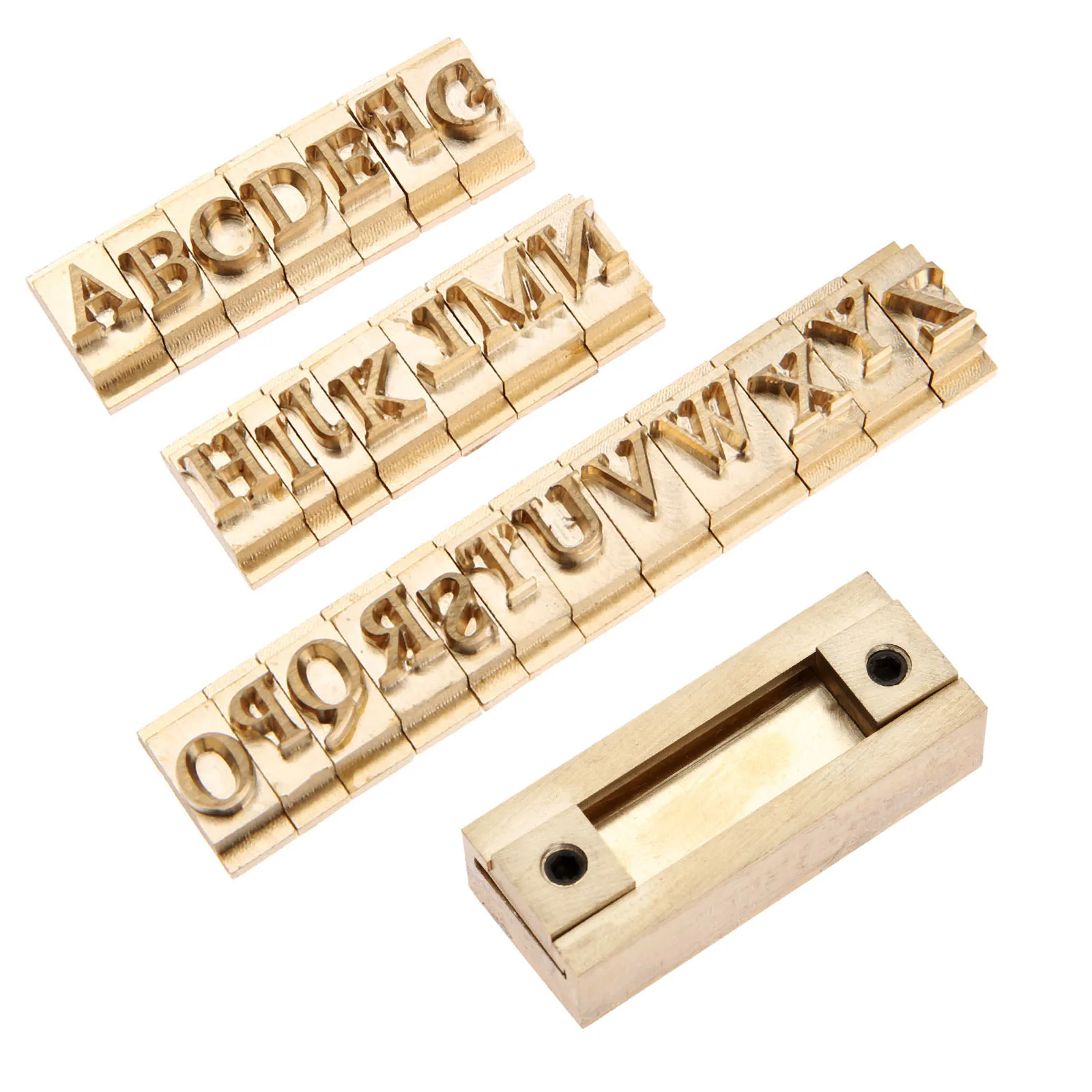 26pcs Capital Letters Gold Brass Times New Roman Stamp Molds A-Z Craving Craft Iron Press Stamping + 5cm T-Slot Fixture Holder