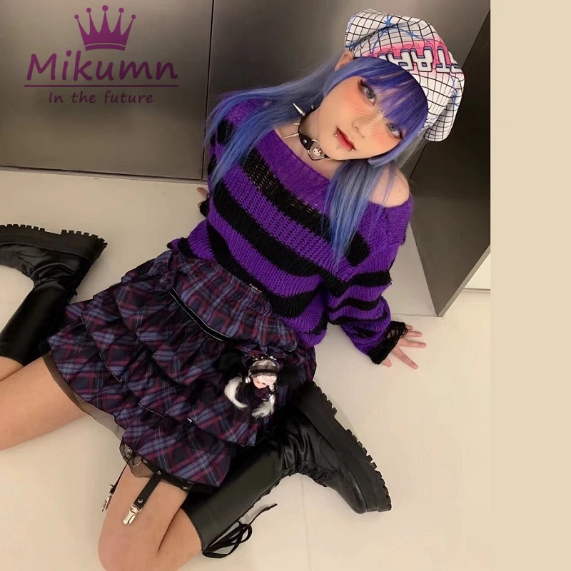 Punk Gothic Rock Dark Red Pink Purple Gray Green Striped Short Sweater Women Girl Streetwear Y2k Top