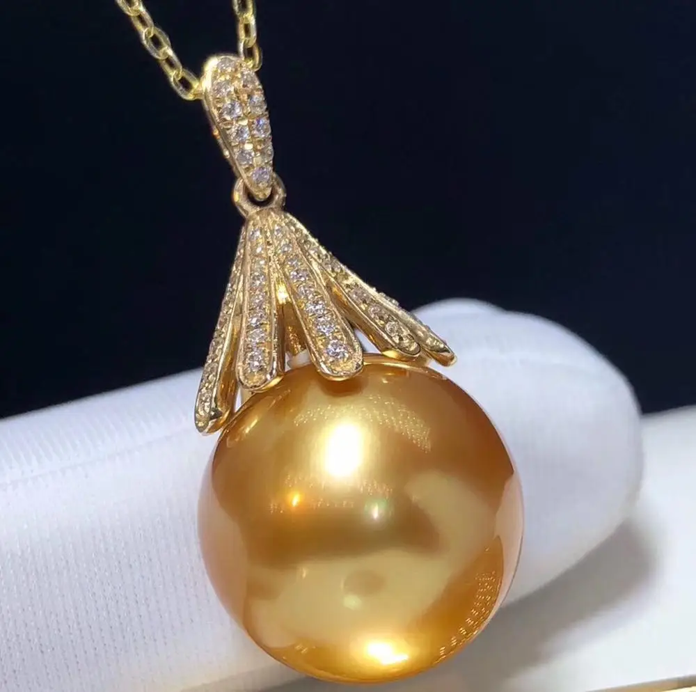 

D206 Fine Jewelry 18K Yellow Gold Natural Ocean Golden Diamonds Pearl 14-13mm Pendant Necklaces for Women FIne Pearls Pendants