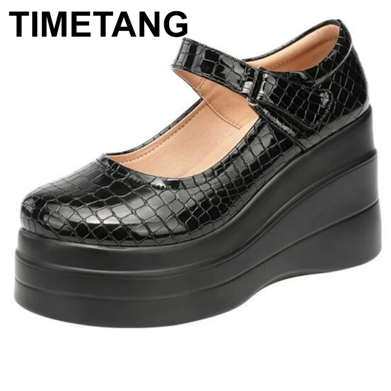 

TIMETANG New Spring Patent Leather Large Size Light Platform Heighten Shoes Wedges High Heels Work Shoes Woman Shoes Tide