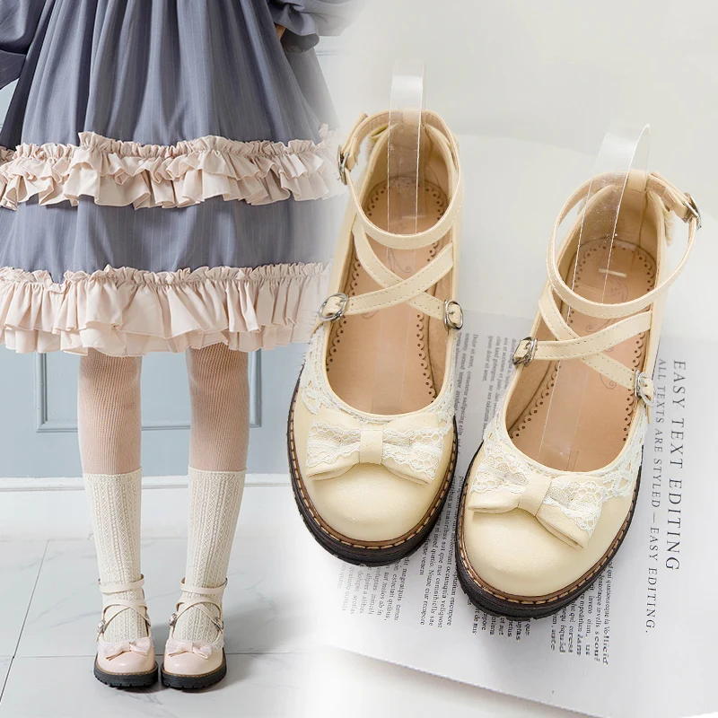 Round head bow lace lace sweet student shoes women's Japanese single shoes Lolita shoes fairy round head with thick and bow