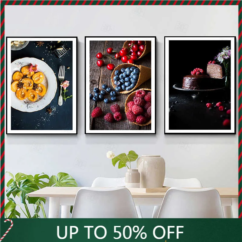 Food Kitchen Poster Wall Art Canvas Print Blueberry Fruit Dessert Painting Decorative Picture Modern Dining Room Decoration