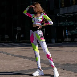 Oshoplive Women's Fashion Sportswear Two Piece Sets Letter Print Long Sleeve Tops & Elastic High Waist  Skinny Leggings Suits