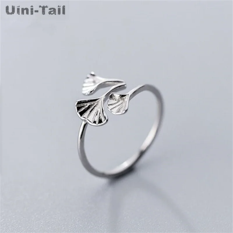 UiniTail new design hot-selling 925 Tibetan silver three ginkgo leaf open ring fashion literary fresh simple girlfriend ring