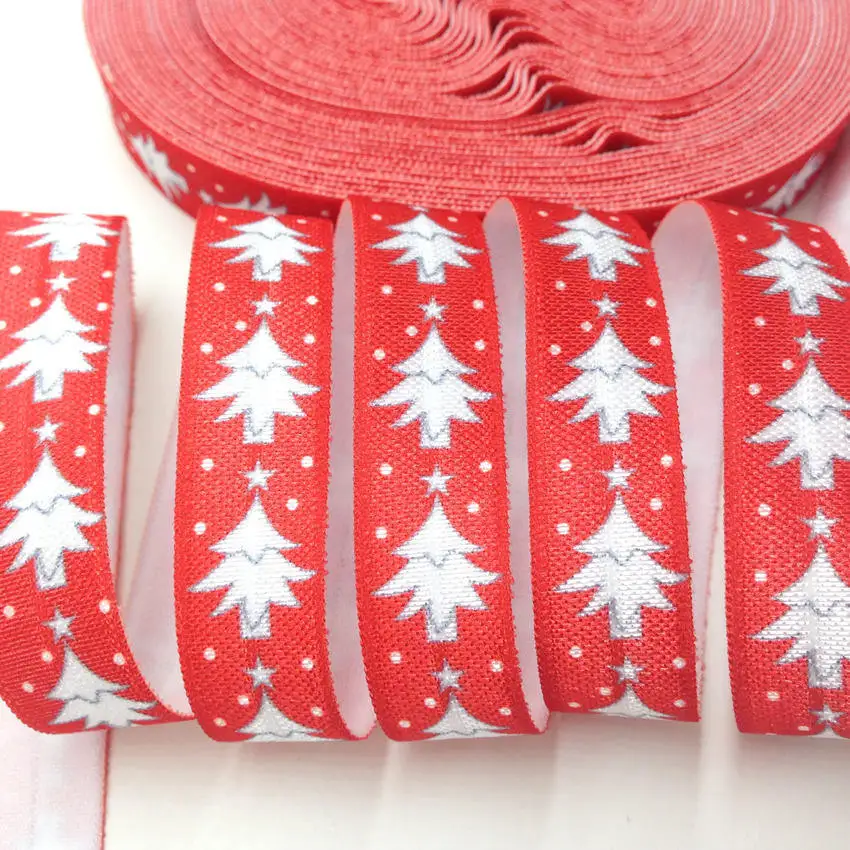 5Yard Christmas Tree Snow Print Fold Over Elastic Band Sewing Tape Handmade Crafts Accessories DIY Baby Headband