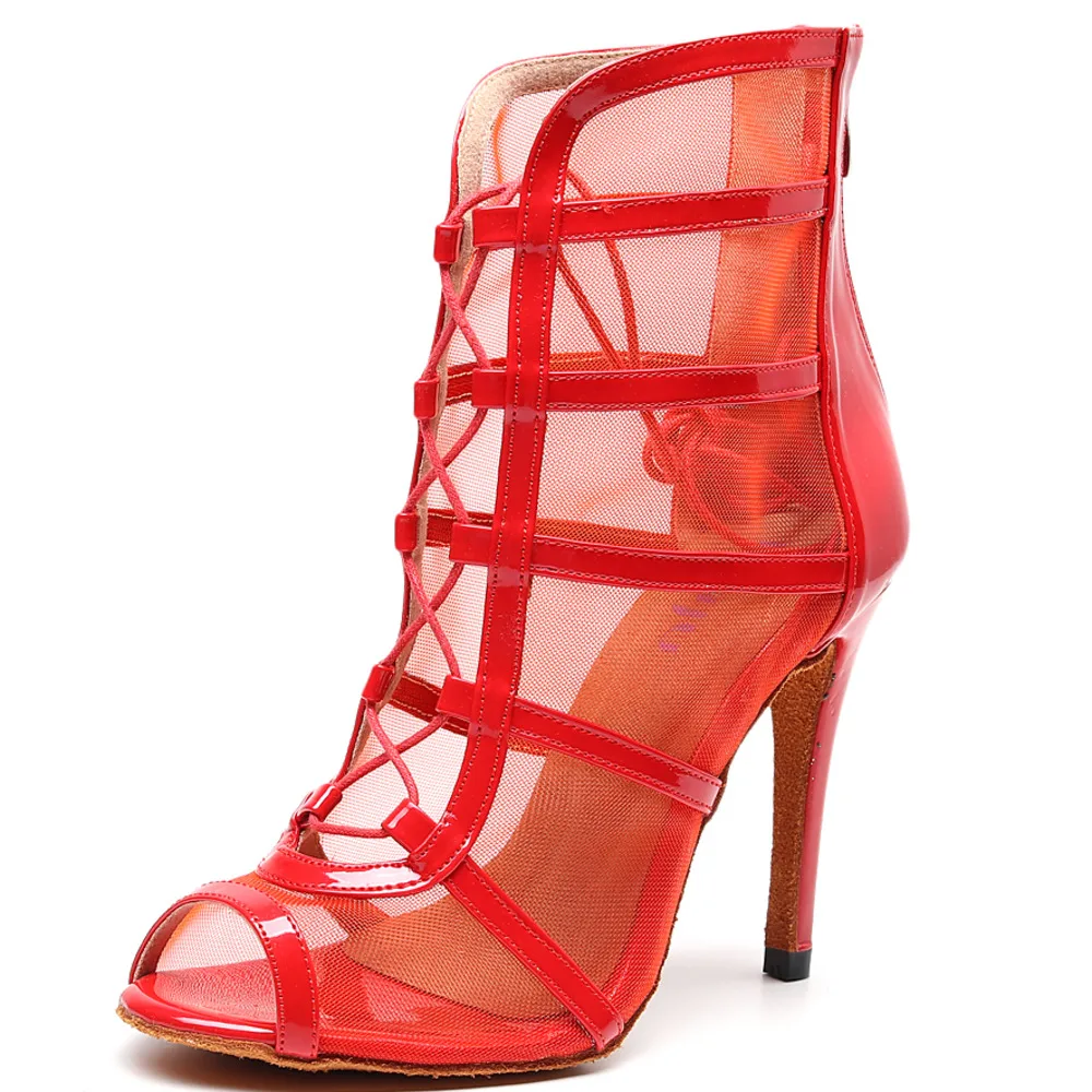 Zapatos de baile latino con suela de goma para mujer, botas de Pu con tacón alto y estilo elegante, color rojo, para exteriores, Salsa, Jazz,