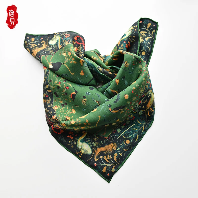 Army green luxury natural silk scarf women printed bird 100% real silk twill scarves wrap shawl square 65cm bandana lady bufanda