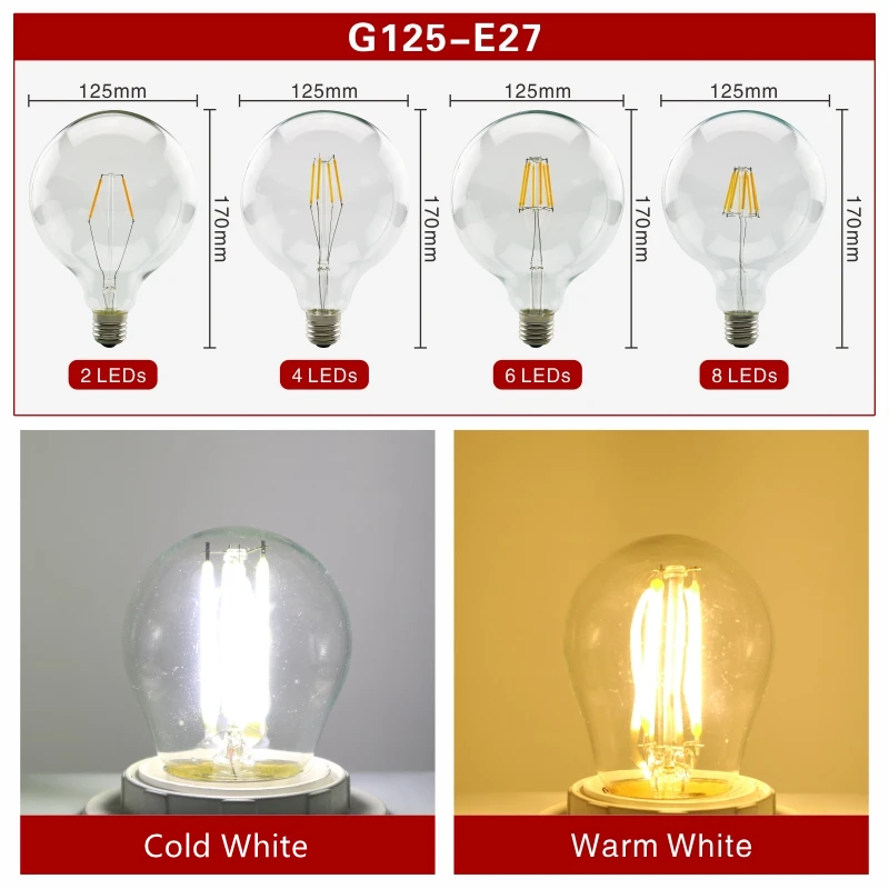 6pcs/lot E27 E14 Retro Edison LED Filament Bulb Lamp AC 220V-240V C35 G45 A60 ST64 G80 G95 G125 Glass Bulb Vintage Candle Light