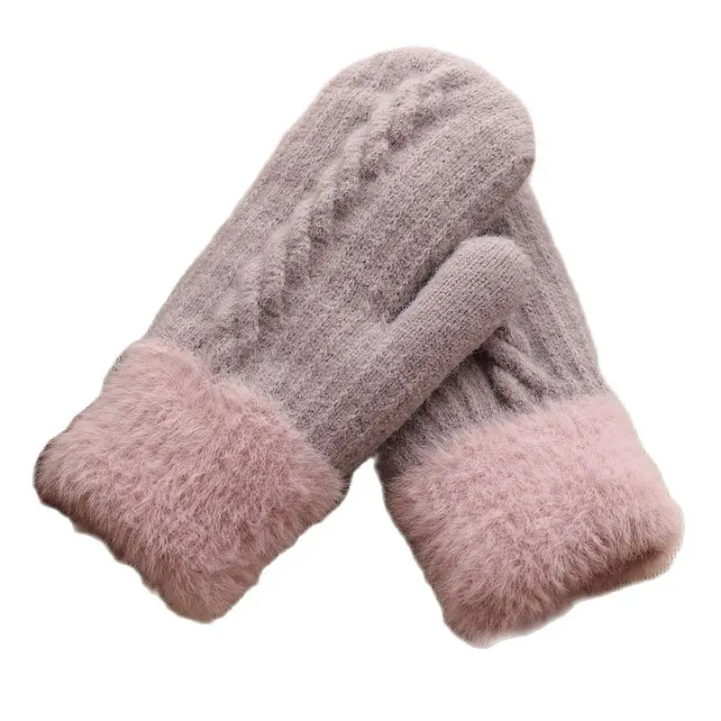 Winter Women Keep Warm Plus Velvet Inside Wrist Thicken Twist Knit Mittens Full Finger Cycling Woolen Gloves Soft Cute Lovely