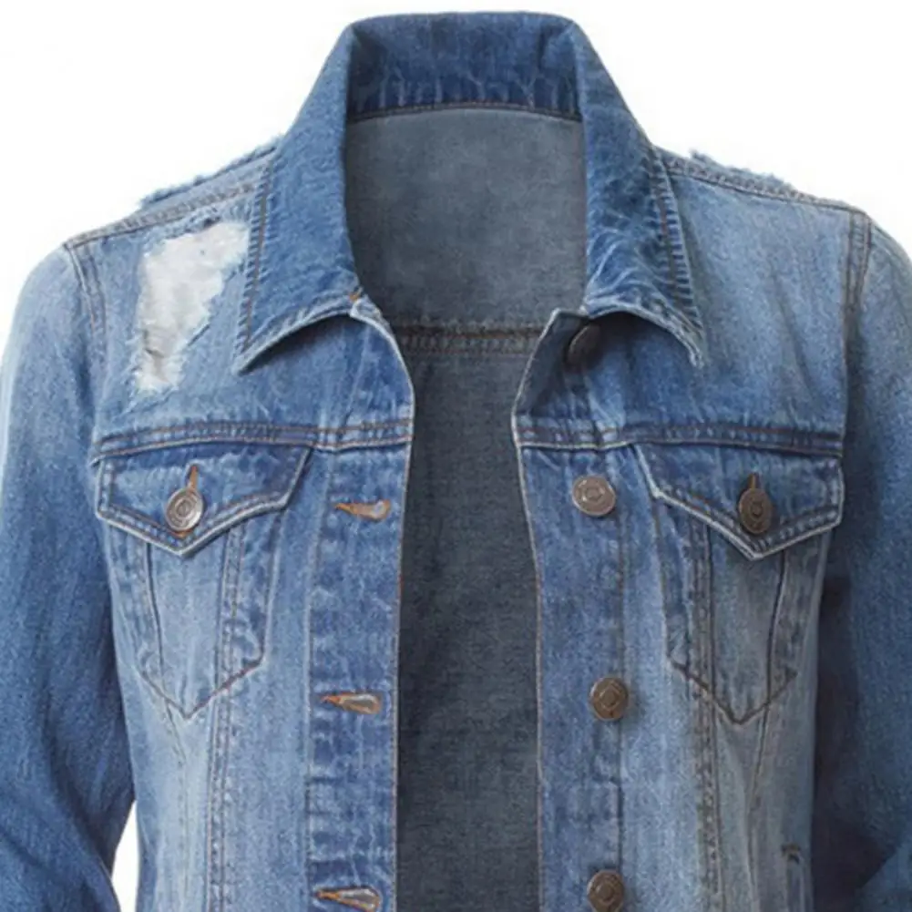 Denim Coat Solid Color Ripped Autumn Winter Washed Single Breasted Lapel Jeans Jacket Streetwear