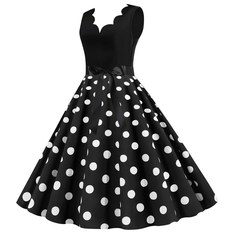 Polka Dot Print Women Summer Dress Black Patchwork Sleeveless V Neck Elegant Vintage Party Casual Midi Dress