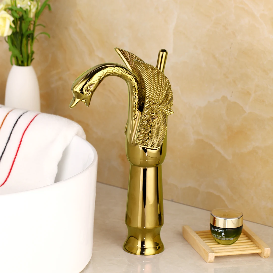 JIENI Golden Plated Swan Bathrooom Faucet Tall Waterfall Chrome Polish Deck Mounted Wash Basin Sink Soild Brass Faucet Mixer Tap