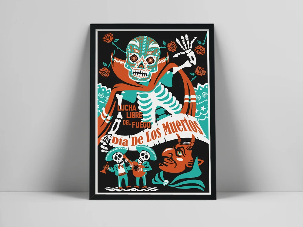 

Vintage Canvas Painting Day of the Dead - Fuego Lucha Libre del Wall Art Posters and prints Dia de los Muertos Pub Decoration