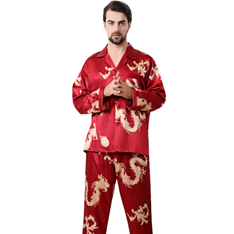 Simulation Silk Couple Pajamas New Long-Sleeved Suit Men And Women V-Neck Silk Printing Dragon And Phoenix Home Service Пижам