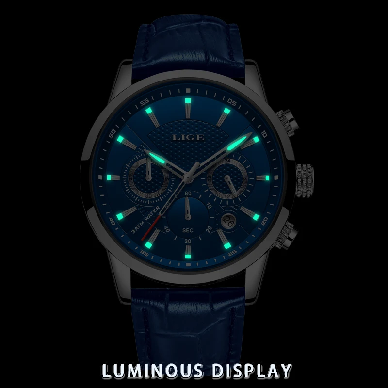 LIGE Fashion Mens Watches Top Brand Luxury Blue Quartz Clock Male Casual Leather Waterproof Sport Chronograph Relogio Masculino