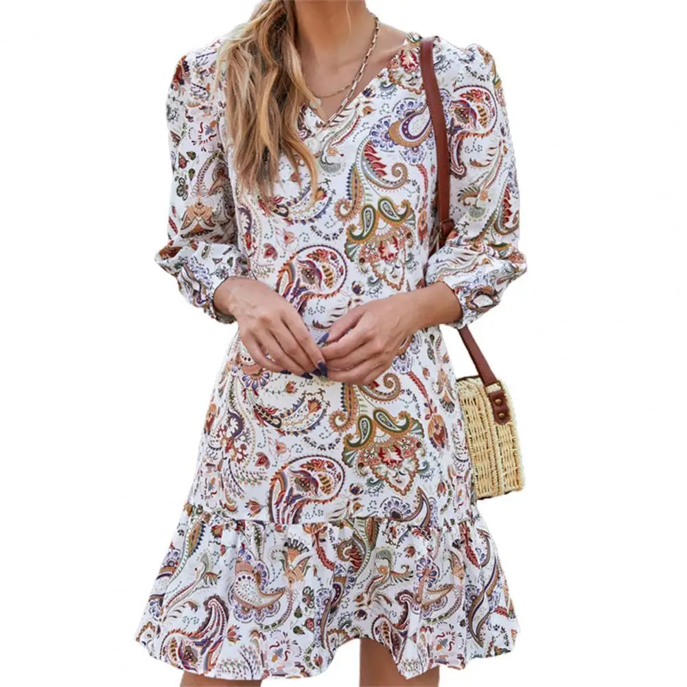 

Paisley Pattern V Neck Women Ethnic Style 3/4 Sleeve Ruffled Hem Party Dress Elegant Mini Beach 2021 Lady Summer Dresses