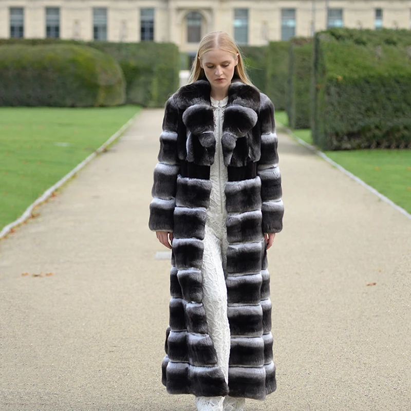 Ftangaiur New Winter Import Chinchilla Coat Turn-Down Collar Full Sleeve Loss Women Real Natural Color Chinchilla Fur Coats
