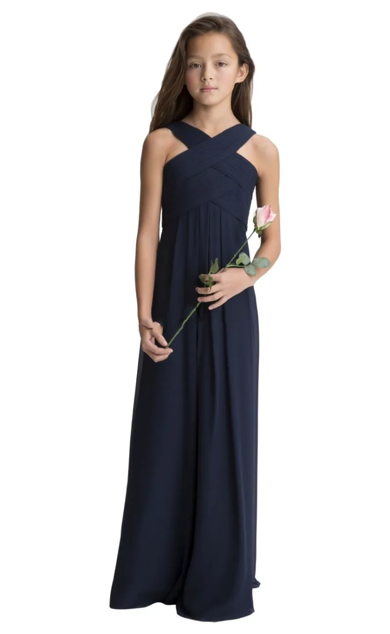 

Dark Navy Cheap Junior Bridesmaid Dresses Under 50 Empire Halter Floor Length Chiffon Long Wedding Party Dresses