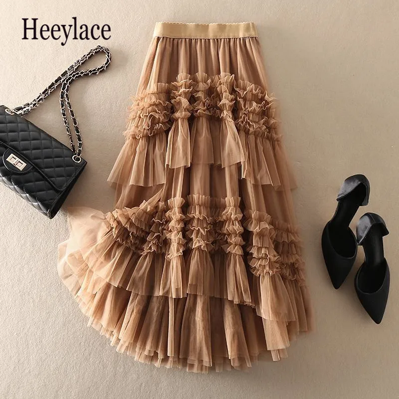 

Autumn New Sweet Cake Layered Long Mesh Skirts Princess High Waist Ruffled Vintage Tiered Tulle Pleated ins Skirts