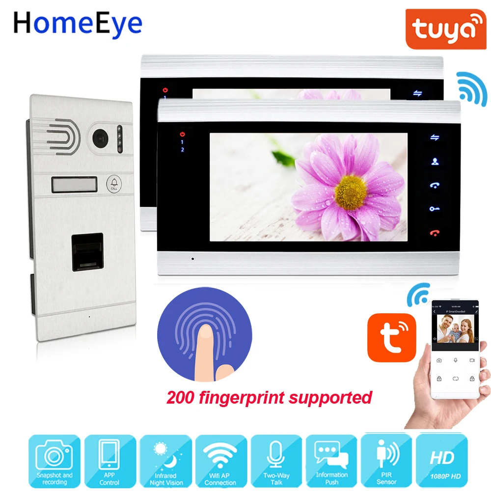 

TuyaSmart App Remote Unlock WiFi IP Video Door Phone 1080P HD Video Intercom Home Access Control System Fingerprint 2 Apartments