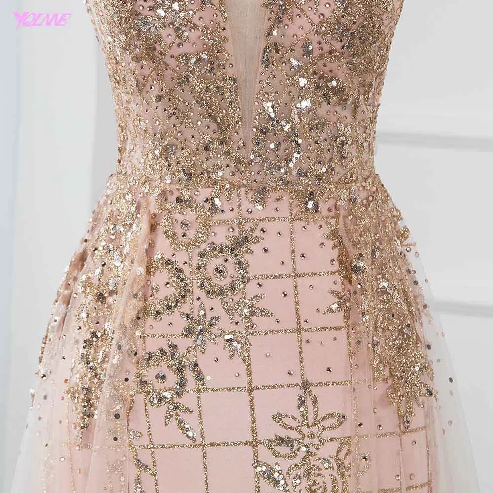 YQLNNE Sexy Straps Long Prom Dresses Sparkly Rose Gold Crystals Tulle Sweet Party Dress Backless Formal Dance Dress