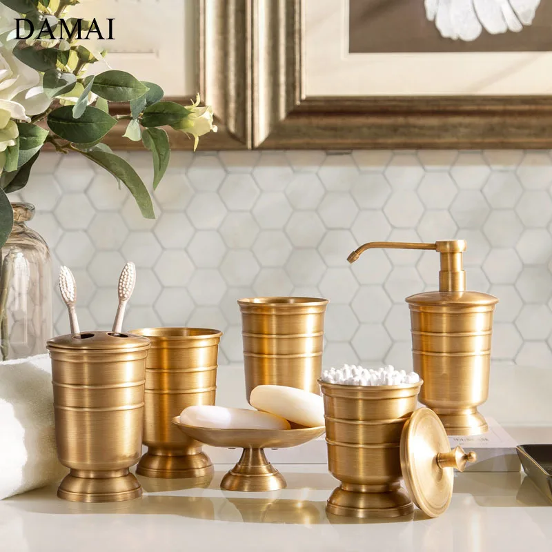 

American Copper Bathroom Accessories Set Plating Golden Decorative Toothbrush Cup Holder Household Soap Dish Lotion Bottle