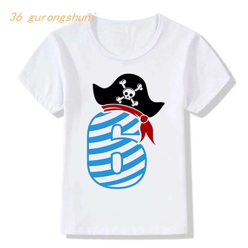 Camiseta con estampado de calavera pirata para niño y niña, camisa con estampado de feliz cumpleaños, 7, 8 y 9 años