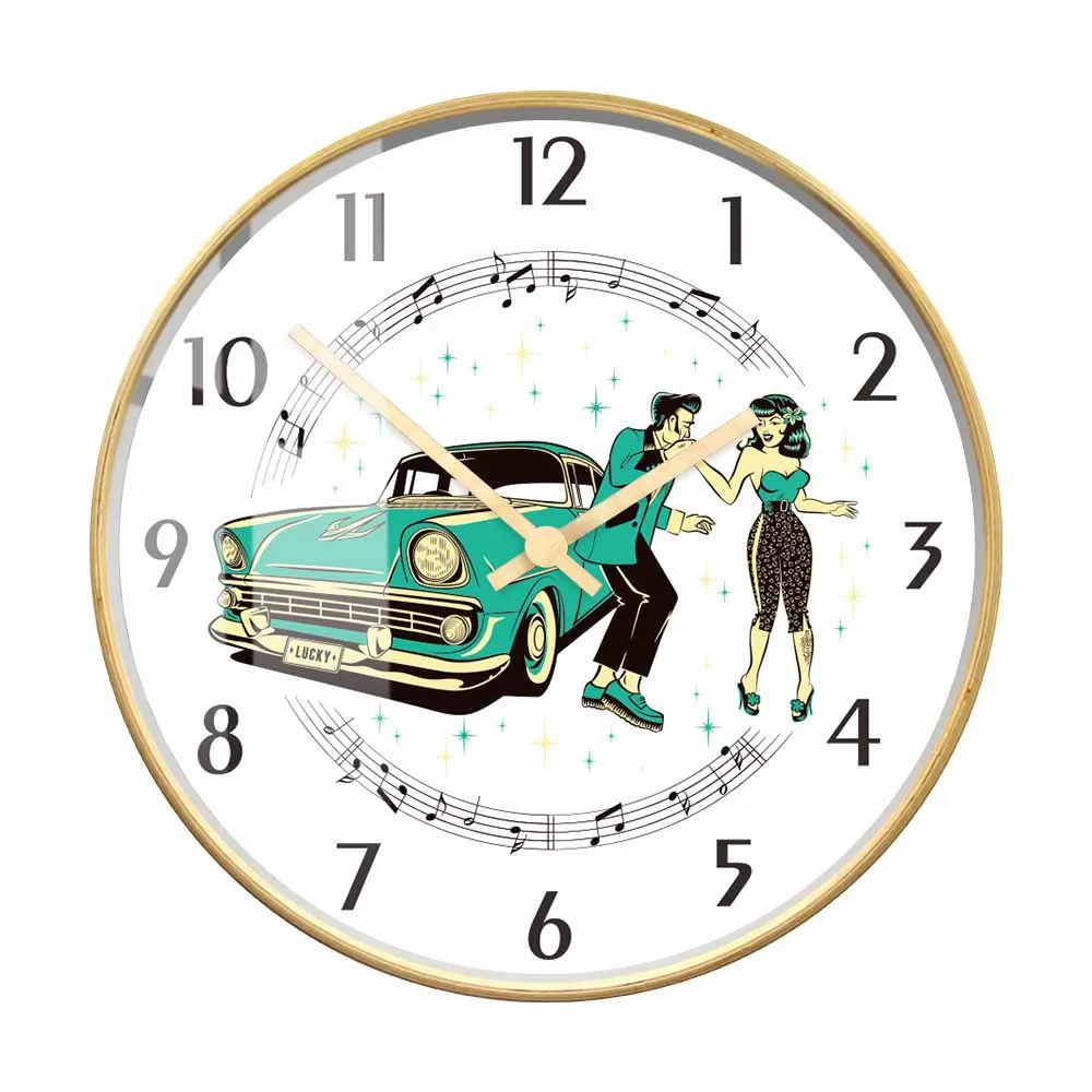 Teddy Boy Hotrod Classic Car Modern Design Wooden Frame Printed Wall Clock Rockabilly Dancing Girl Music Notes Home Decor Watch