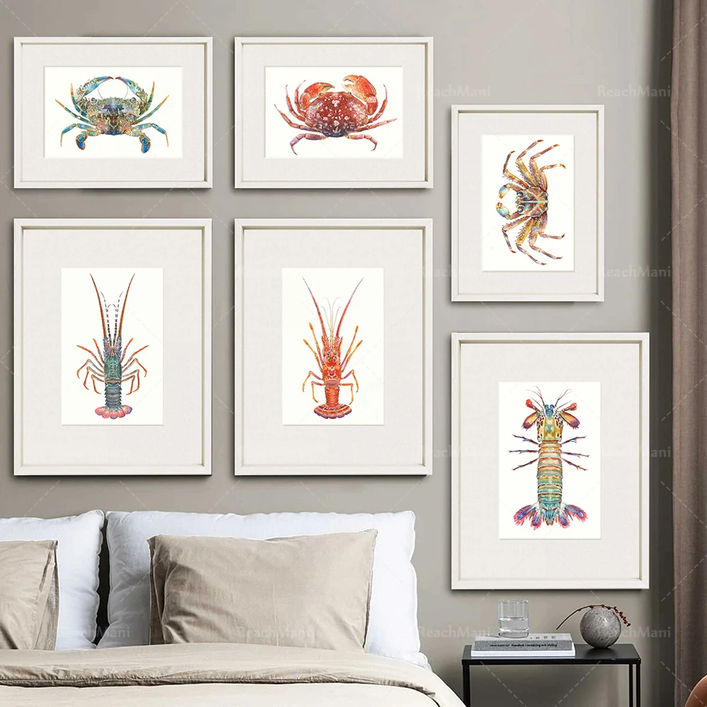 Nautical prints Watercolor art prints. Crab, lobster and mantis shrimp. Nautical home decor. Coastal Beach House Wall Art Poster