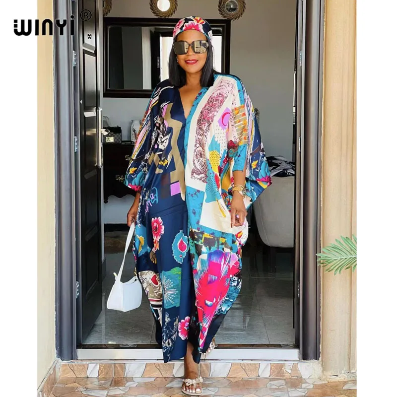 2021 Europe Women Letter Print Sexy V-Neck Thigh African Maxi Dress Long Sleeve Elegant Boho Beach Dress Casual Long Dresses