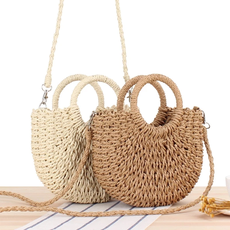 New Handmade Beach Bag Half-Round Rattan Woven Straw Bag Summer Women Messenger Crossbody Bags Girls Small Beach Handbag bolsa