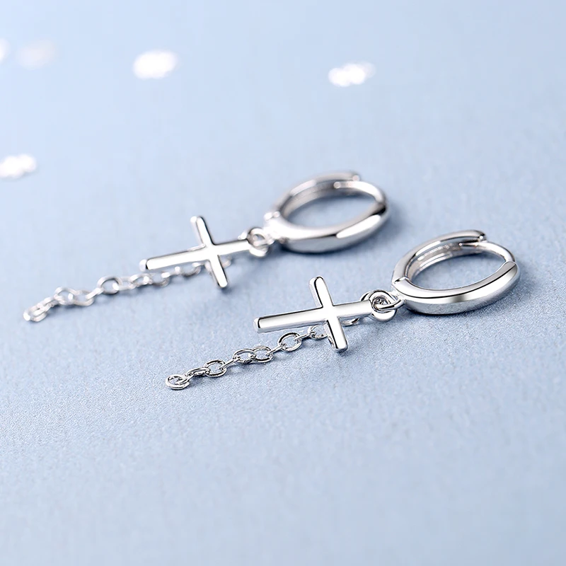Women\'s Fashion Simple Style Drop Earrings Small Huggies With Cross Pendant Thin Tassel Dangle Earring Piercing Accessories Gift
