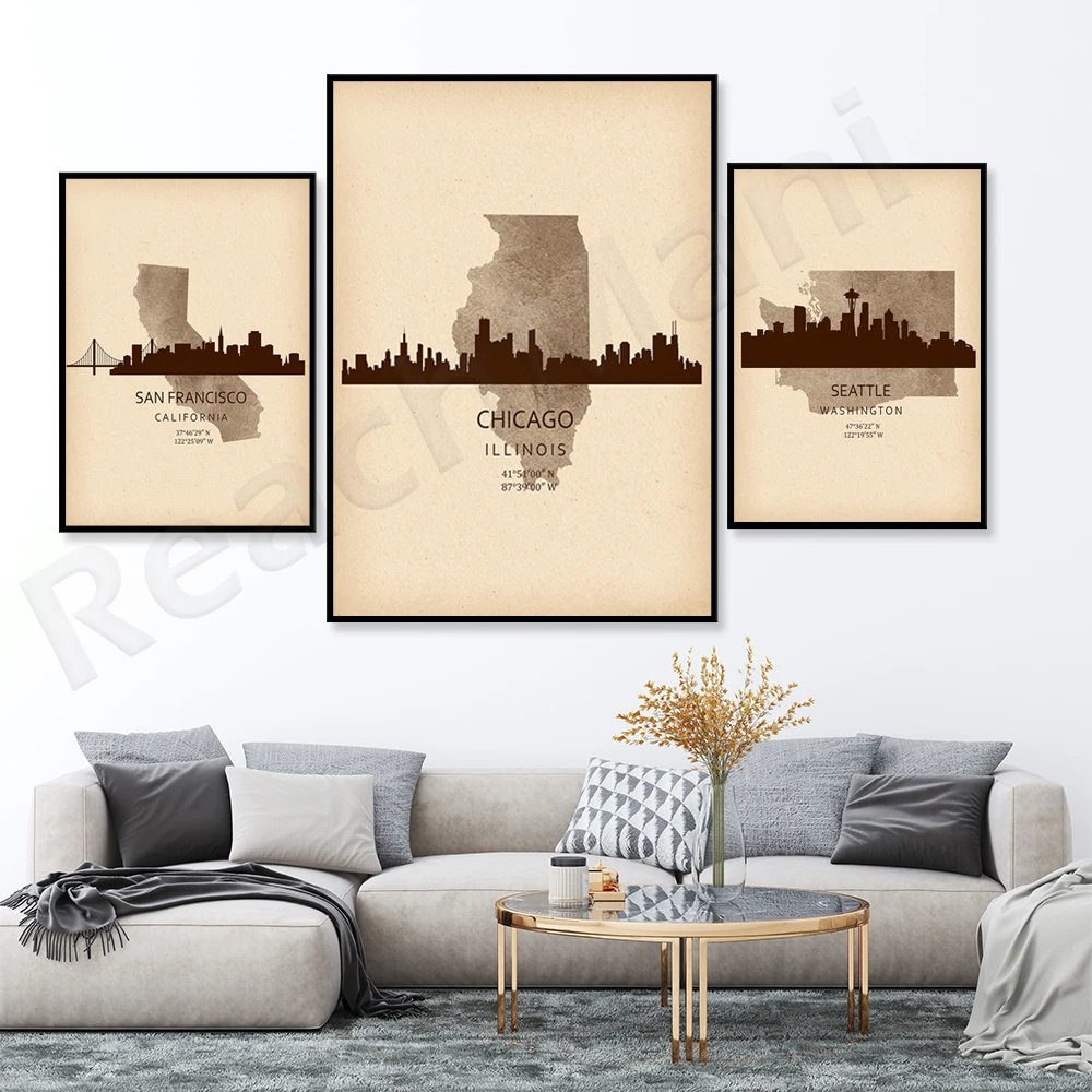 Cidade americana arte retro chicago skyline san francisco seattle skyline decoração de parede arte náutica presentes do escritório wal