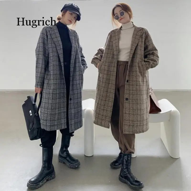 

Fashion Women Wool Coat Plaid Classics Female Loose Long Single Breasted Coats 2021 Autumn Winter Jackets Outerwear